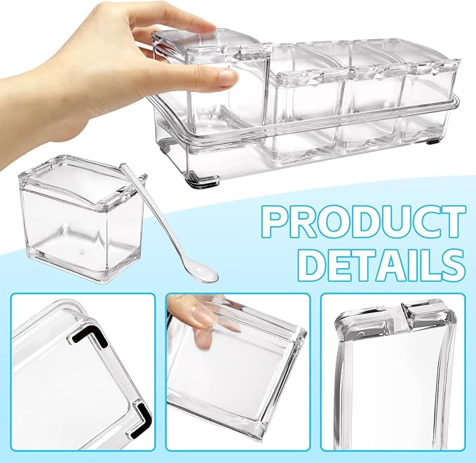4-Cell Clear Seasoning Rack Spice Box, Storage Container Condiment Jars Acrylic Seasoning Box with Cover and Spoon (Enhanced Version Clear)-Ruum Studio Home