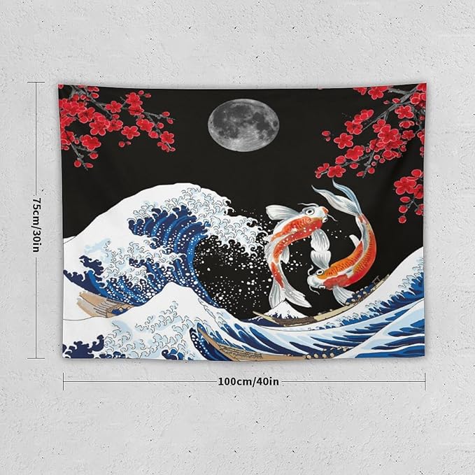 Houselerax Japanese Koi Fish Tapestry, Yin Yang Big Wave Red Cherry Blossom Tapestries Wall Hanging for Bedroom Living Room Office Decor 40"x30"-Ruum Studio Home