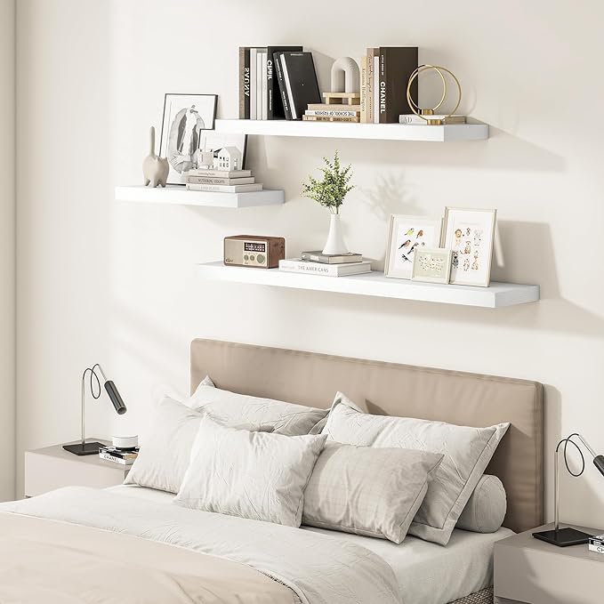 White Floating Shelves for Wall, 48 Inch X 12 Deep Shelves for Room Wall Mounted，2" Thick Heavy Duty Holds 75lbs Floating Shelf for Bedroom Bathroom Kitchen Laundry Room, Set of 2-Ruum Studio Home
