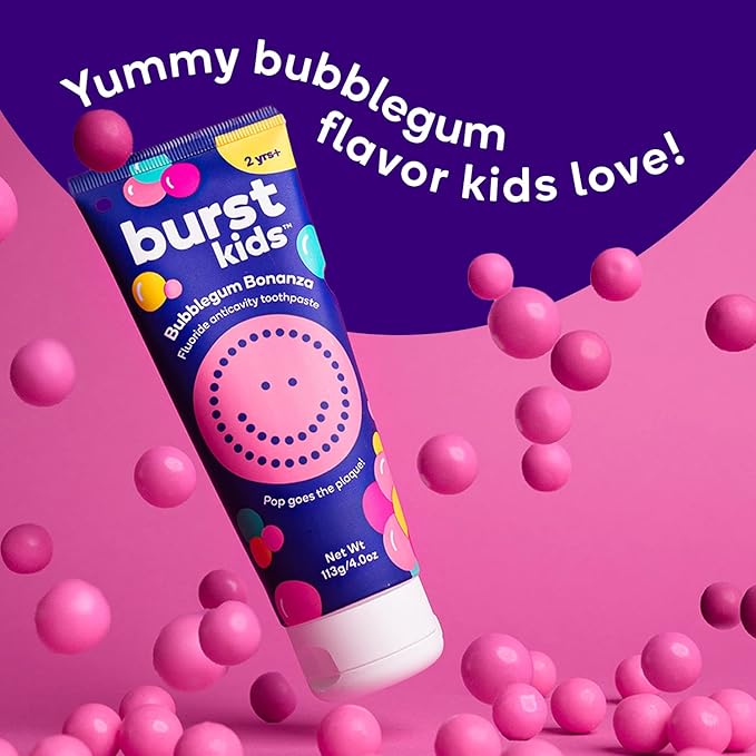 BURST Bubblegum Bonanza Kids Toothpaste with Fluoride (4oz) | Great Tasting | Flavored for Children & Toddlers | Anticavity | Dye Free & Vegan | Safe for Kids Ages 2+-Ruum Studio Home