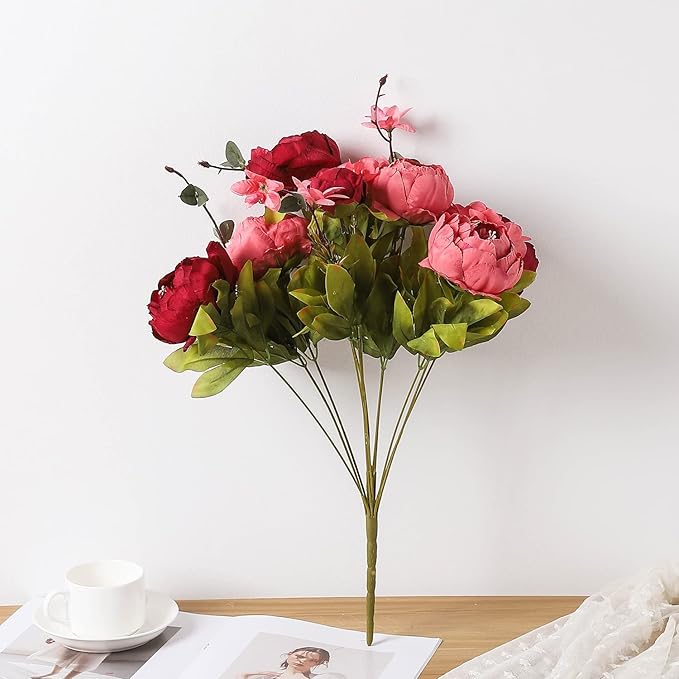 Duovlo Fake Flowers Vintage Artificial Peony Silk Flowers Wedding Home Decoration,Pack of 1 (New Red)-Ruum Studio Home
