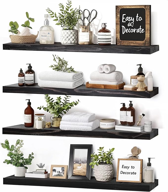 Floating Wall Shelves 4-Pack - Rustic Black 16-inch Wooden Wall Shelves for Storage and Décor, Multi-Functional and Easy to Install for Living Room, Bedroom, and Kitchen-Ruum Studio Home