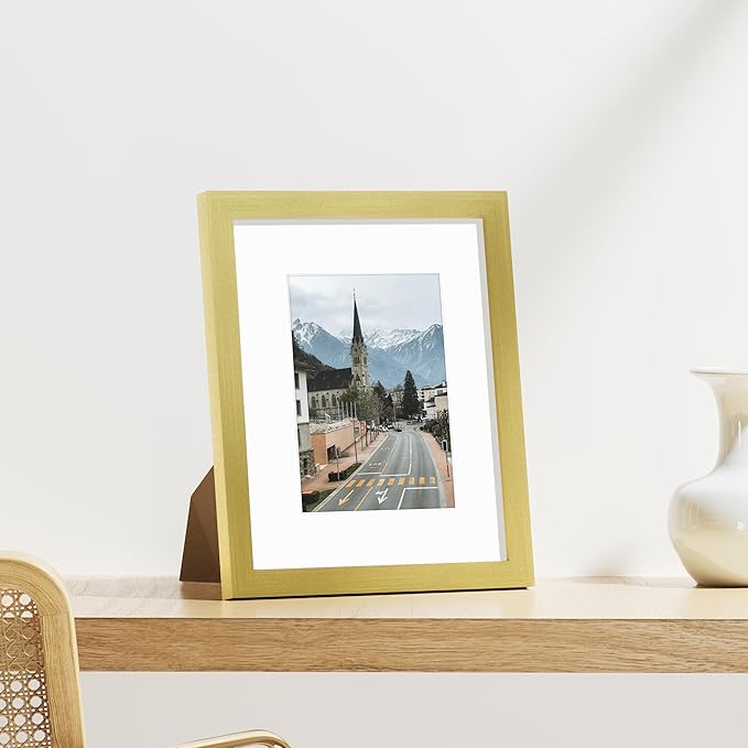 Vittanly 8x10 Picture Frames Set of 9, Shatter Resistant Plexiglass, Display 5x7 Pictures with Mat or 8x10 without Mat, Photo Frames for Wall or Tabletop, Engineered Wood, Gold-Ruum Studio Home