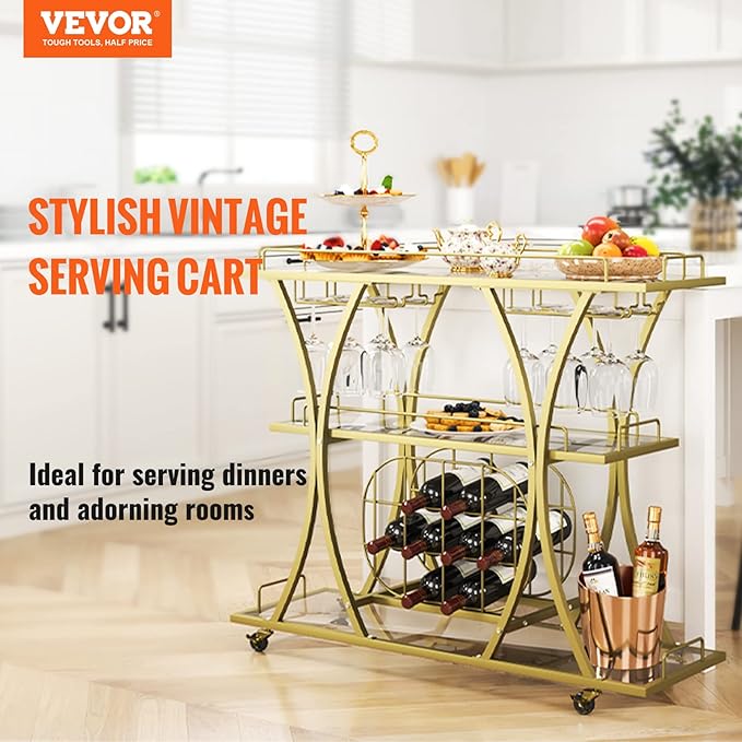 VEVOR Bar Cart Gold, 3 Tiers Home Bar Serving Cart on Lockable Wheels, Rolling Alcohol Cart with Tempered Glass Shelves Guardrail Wine Rack, Modern Wine Cart for Home Kitchen Dining and Living Room-Ruum Studio Home