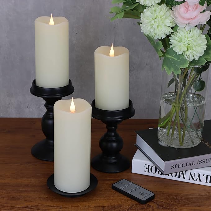 Flickering Flameless Candles with 3D Moving Flame Set of 3(H 5" 6" 7" x D 3"), Last 1000+ Hours Battery Operated Candles with Remote Timer, Ivory Real Wax Electric LED Pillar Candles-Ruum Studio Home