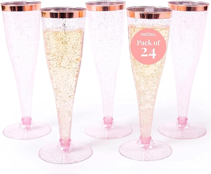 Prestee Set of 24 Plastic Champagne Flutes Disposable - Silver Glitter Pink Champagne Glasses with Rose Gold Rim, Elegant Toasting Cups for Weddings, Cocktail Parties, New Year's Celebrations-Ruum Studio Home