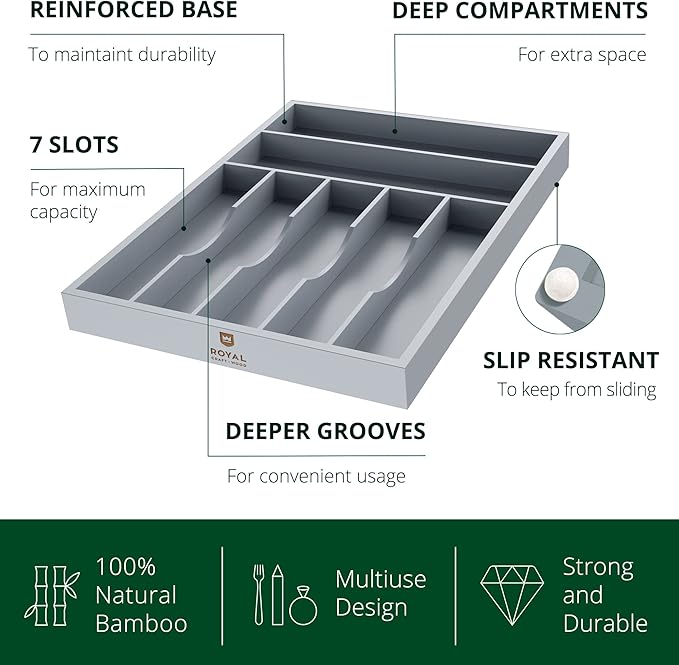 ROYAL CRAFT WOOD Luxury Bamboo Kitchen Drawer Organizer - Silverware Organizer - Utensil Holder and Cutlery Tray with Grooved Drawer Dividers for Flatware and Kitchen Utensils (7 Slot, Gray)-Ruum Studio Home