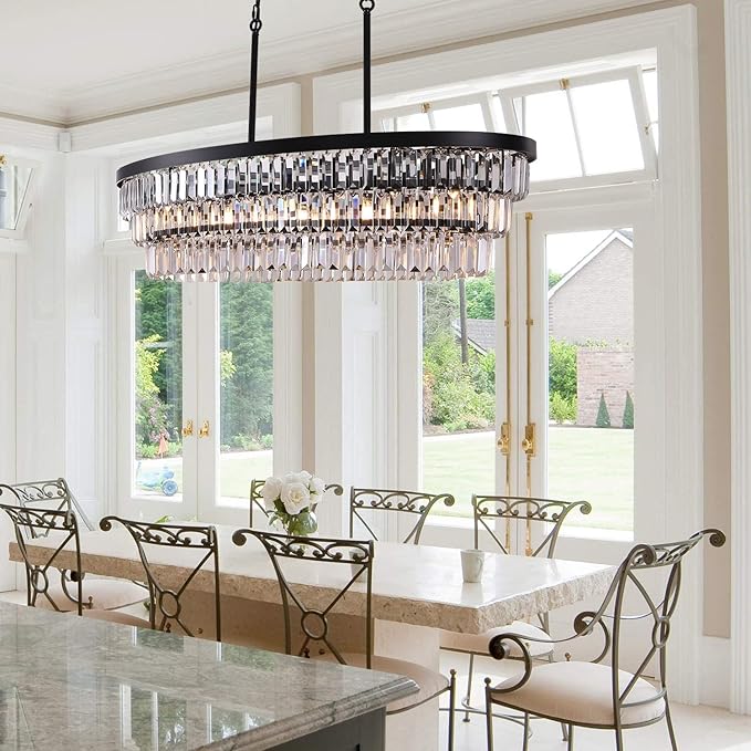 TOCHIC Chandelier 40 inch, Farmhouse Black Crystal Chandelier, Kitchen Island Lighting, Dining Room Light Fixture for High Ceiling, Modern Linear Oval Chandeliers for Living Room, Office Area, Bar-Ruum Studio Home