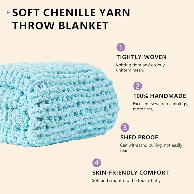 L'AGRATY Chenille Chunky Knit Blanket, Light Blue, 60x80, Heavyweight Throw Blanket for Home Decor-Ruum Studio Home