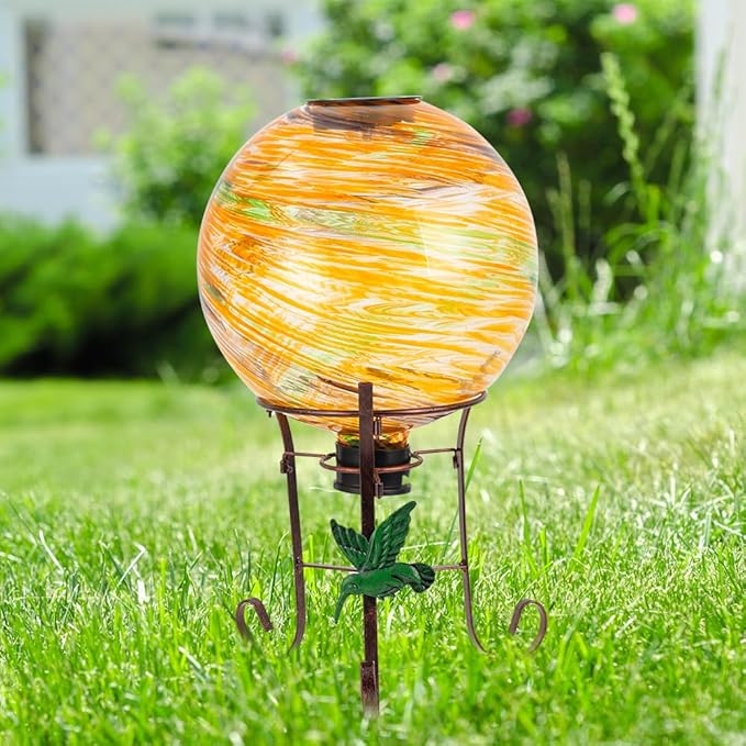 10" Diameter Solar Gazing Ball and 8.5" Metal Stand Indoor Outdoor Garden Ornament Glass Globe Sphere Yard Art Gazing Globe for Garden,Home,Lawn,Porch,Patio Birthday Gift for Women(Orange)-Ruum Studio Home