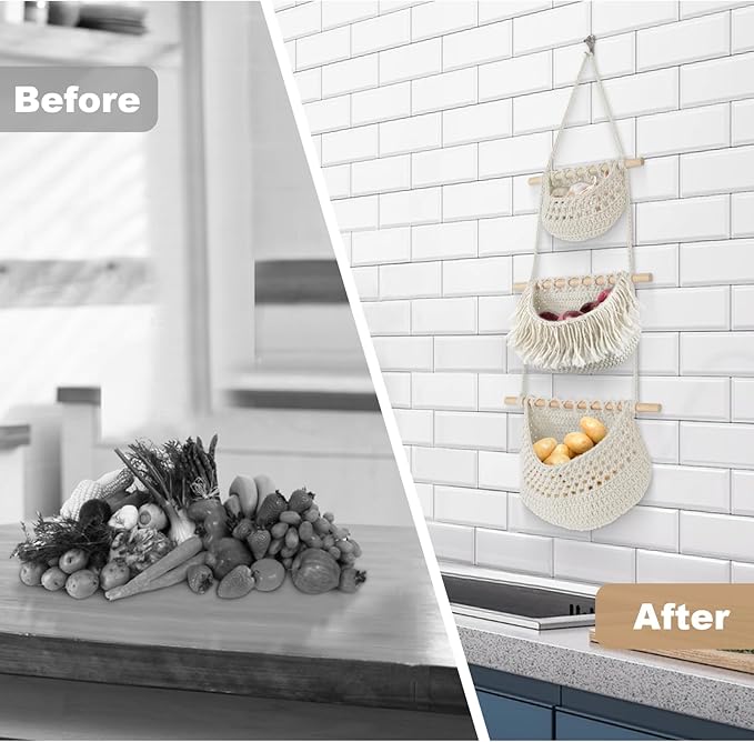 Hanging Baskets for Organizing, 3 Tier Detachable Wall Hanging Fruit Basket Over the Door Organizer for Fruit Vegetable Plant, Beige Boho Cotton Crocheted Fruit Holder for Kitchen Bathroom Bedroom-Ruum Studio Home