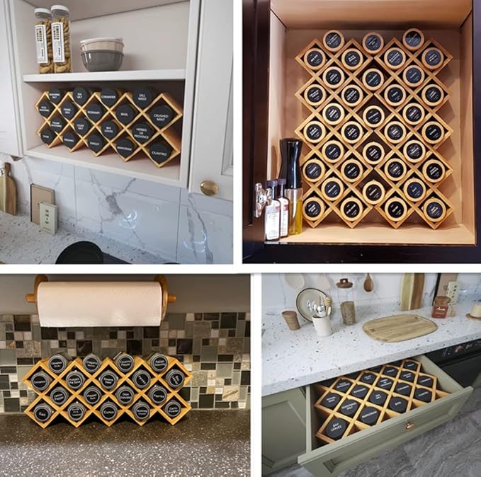Bamboo Criss Cross Spice Rack Organizer for Cabinet, Wood Seasoning Rack Spice Holder, 18-Jar Spice Rack Tower Spice Storage for Kitchen Countertop Drawer-Jars Not Included-Ruum Studio Home