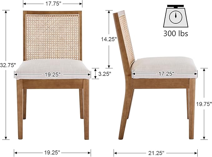 VESCASA Upholstered Dining Chairs with Square Rattan Back, Armless Padded Linen Cushion Dining Chairs with Wood Legs for Dining Room, Kitchen, Set of 2, Natural Frame-Ruum Studio Home