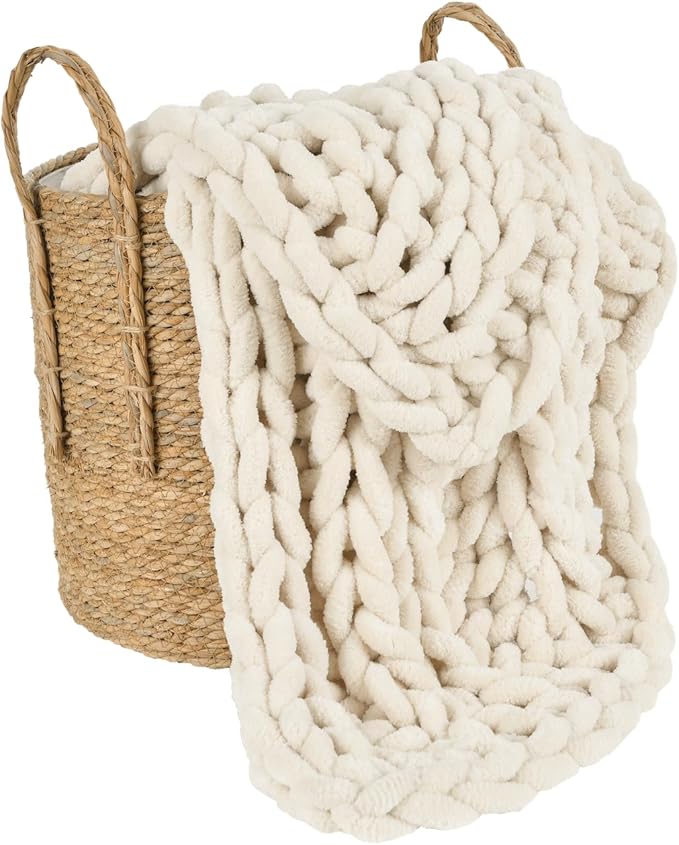 Esterra Chunky Knit Blanket Throw, 100% Handmade Chenille Throw Blanket 50"x60", Soft Thick Yarn Cable Knit Crochet Throw Blanket Rope Knot Throw for Couch Bed Sofa, Apricot White-Ruum Studio Home