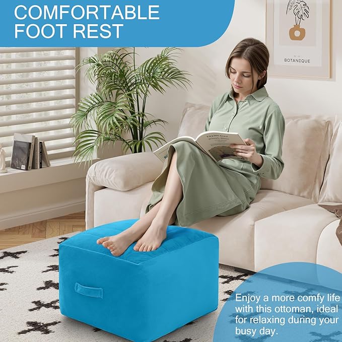MeMoreCool Square Stuffed Pouf Ottoman Foot Rest, Floor Pouf Foot Stool with Foam Chunk Filling, Soft Stuffed Ottoman Footrest for Living Room, Blue-Ruum Studio Home