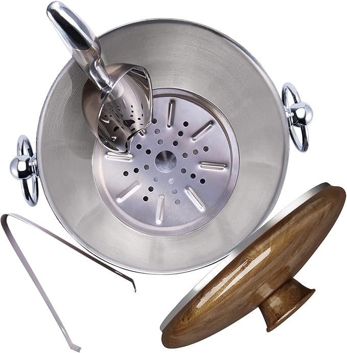 Ice Bucket with Lid, Scoop, Tongs and Strainer - Well Made Insulated Stainless Steel Keep Ice Frozen Longer - Ideal for Cocktail Bar, Parties, Chilling Wine, Champagne - 3 Liter (Teakwood)-Ruum Studio Home