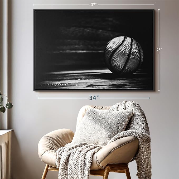 ElephantStock Basketball Wall Art - Horizontal Framed Canvas - 1-Piece Hallway Wall Decor - Photography sports Canvas Print - Black and Gray Decor for Wall - 37" X 25"-Ruum Studio Home