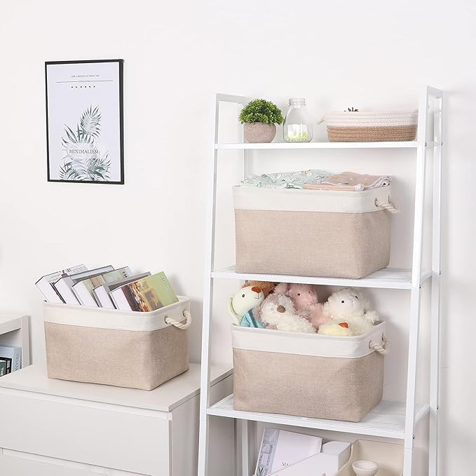 Bidtakay Large Fabric Baskets with Handles [3-Pack] Collapsible Storage Basket for Shelves 15 X 11 X 9.5 inches Canvas Bins for Closet Organization (White&Beige)-Ruum Studio Home