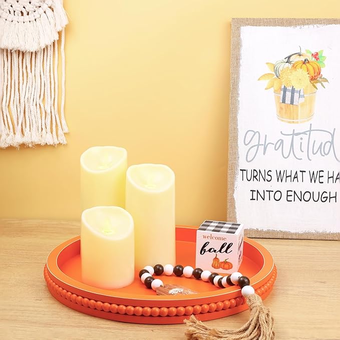 Round Orange Wood Serving Tray with Beads, Wooden Decorative Tray for Entertaining, Decoration, and Gifting,-Ruum Studio Home