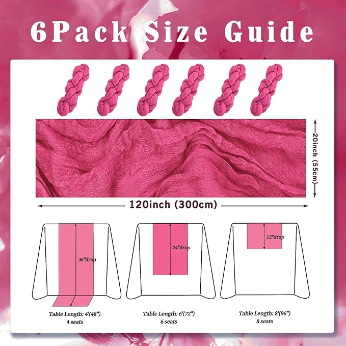 Hot Pink 6 Pack Cheesecloth Table Runner 10FT Boho Fabric Rustic Cheese Cloth Table Runner for Wedding 20 x 120 Inch Long Bridal Shower Baby Shower Gauze Sheer Birthday Party Table Decorations-Ruum Studio Home