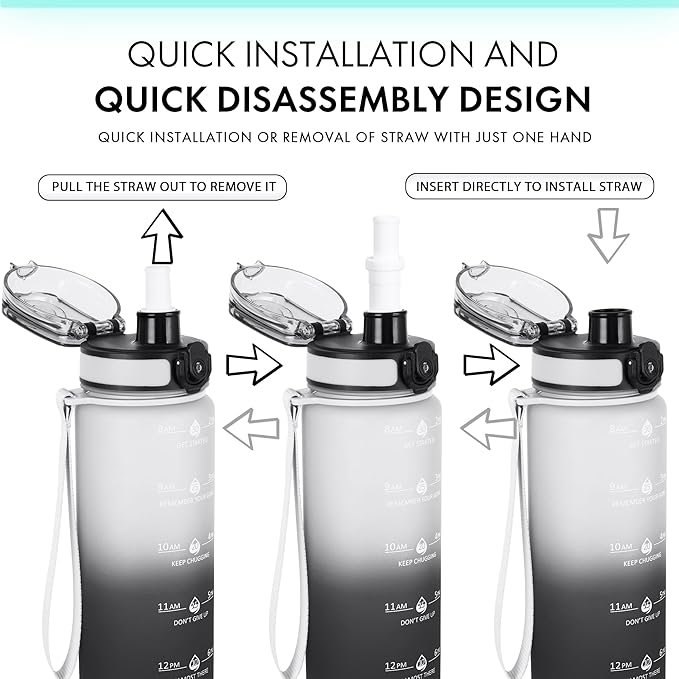 32oz Motivational Water Bottles with Time Marker & Fruit Strainer, Transparent Gradient Color Water Bottle with Times to Drink, Leakproof & BPA Free, Reusable Bottle with Strap (No Straw)-Ruum Studio Home