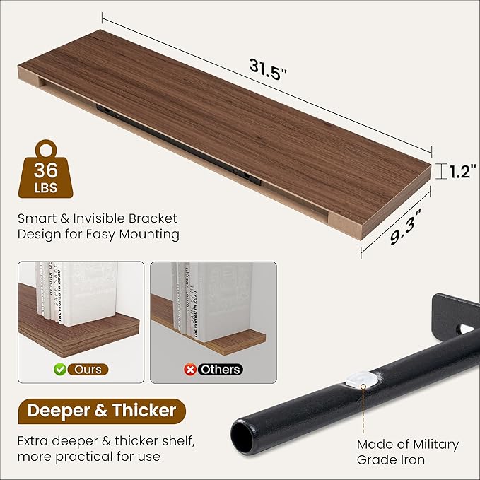 Fun Memories Floating Shelves for Wall, 32 Inch Rustic Wood Wall Mounted Shelves for Bathroom, Bedroom, Kitchen, Living Room, Deep Floating Shelves for Storage & Home Decor (Walnut, Set of 2)-Ruum Studio Home
