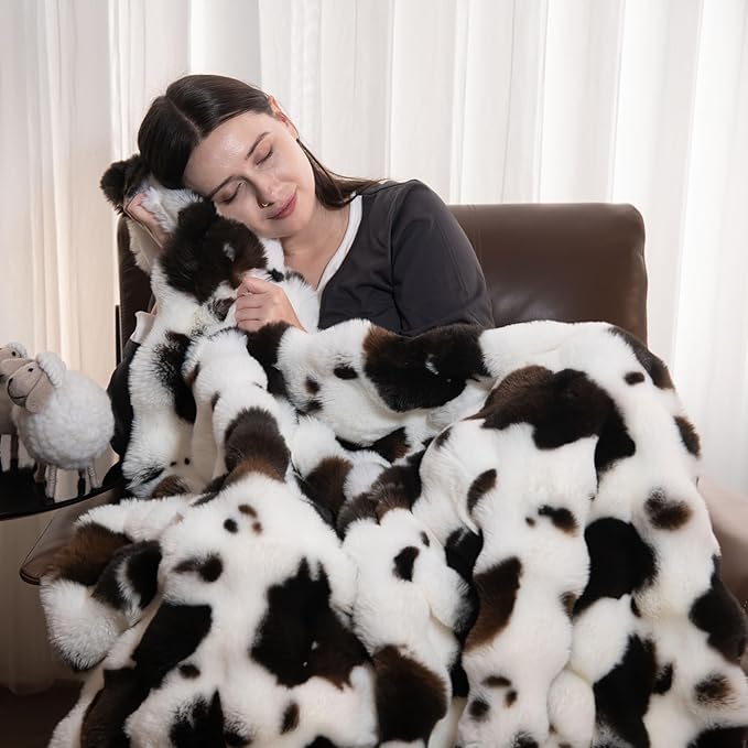 Cow Print Faux Fur Throw Blanket for Couch, Soft & Plush Fuzzy Blanket for Sofa, Bedroom, Living Room, Super Soft Warm for Adults Kids Girl Gifts Bedroom Couch Sofa Travel,50x60 Inches Black Brown-Ruum Studio Home