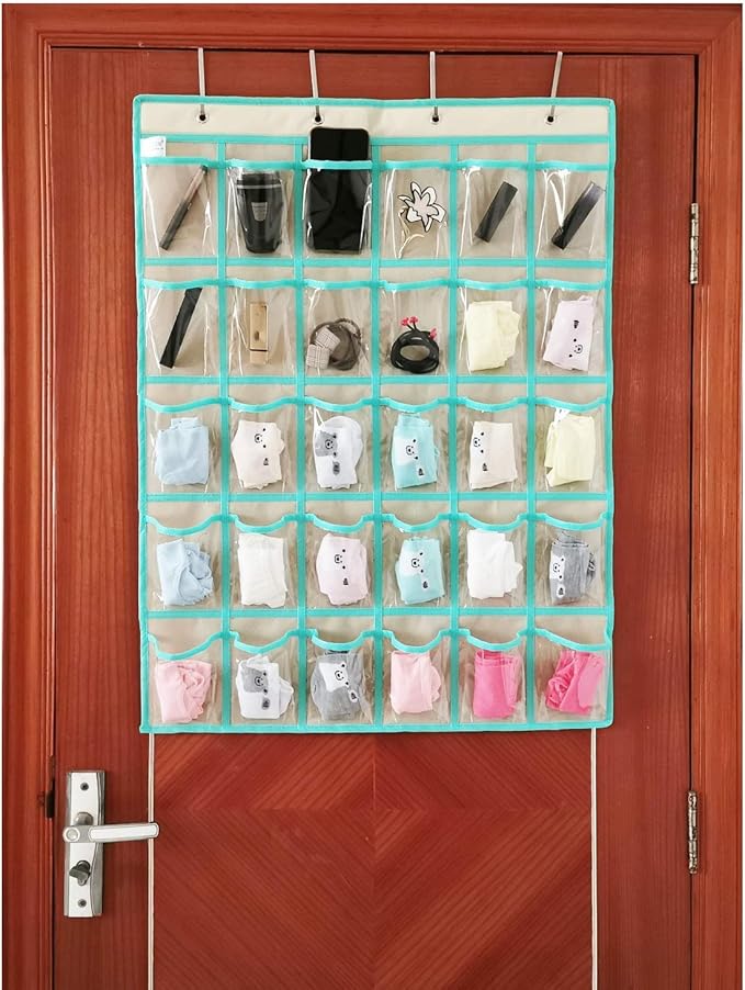 Classroom Pocket Chart for Phone Calculator Holder Over The Door Hanging Closet Jewelry Organizer with 30 Clear Pockets (BEIGE)-Ruum Studio Home