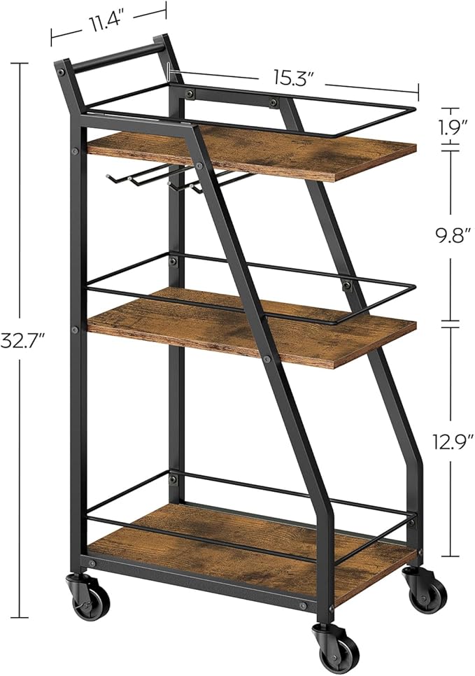 Bar Cart, 3-Tier Bar Cart for The Home, Home Bar Serving Cart with Glass Holders, Beverage Cart for Kitchen, Dining, Party Room, Rustic Brown and Black BC03BR-Ruum Studio Home