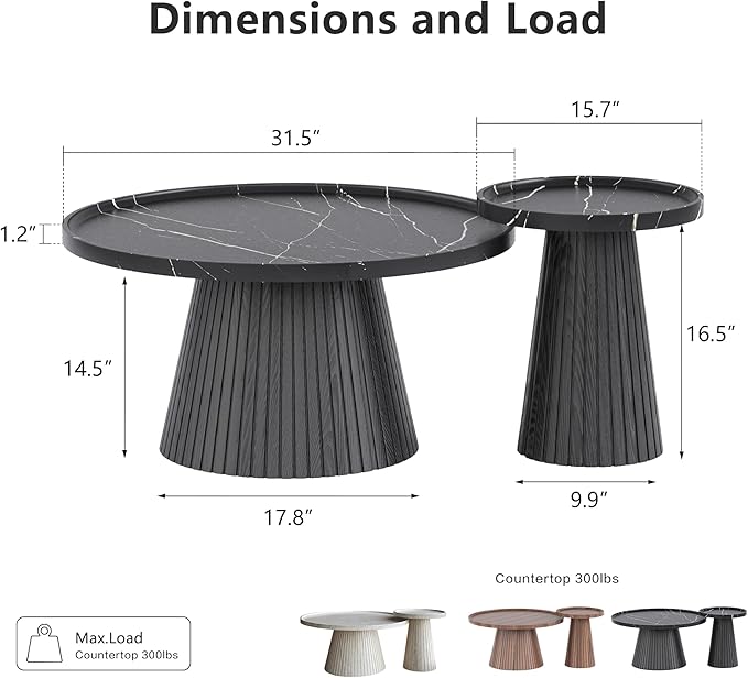 win2win Nesting Coffee Table Set of 2, Modern Coffee Table with Marble Veneer, Fluted Round Tea Table and End Table Set, Minimalist Center Tables for Living Room, Office, Black-Ruum Studio Home