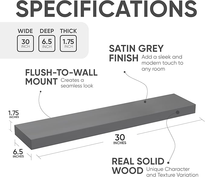 Homeforia Gray Floating Shelves for Wall, Premium Solid Wood Grey Shelf, Grey Bathroom Shelves, Heavy Duty Bracket, 30 x 6.5 x 1.75 inch, Set of 2-Ruum Studio Home