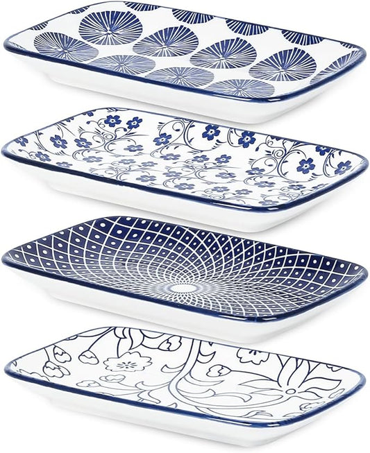 Selamica Ceramic Rectangular Salad Plates Set of 4, 8 Inch Small Serving Plates for Appetizers, Sushi, Fruit, Vintage Blue-Ruum Studio Home
