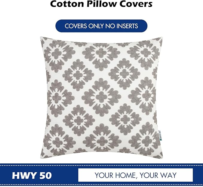 HWY 50 Grey Gray Decorative Throw Pillow Covers 18x18 Inch (1 Piece), Embroidered Cotton Farmhouse Cushion Cover Pillow Case for Sofa Couch Living Room Bed, Geometric Diamond Floral-Ruum Studio Home