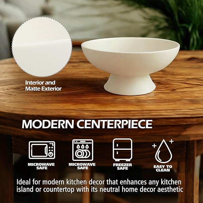 White Pedestal Decorative Bowl - 8" Minimalist Decorative Fruit Bowl for Kitchen Counter, Entryway,Multi-Purpose Centerpiece bowl for Bread, Snacks, Candy, Perfect for Housewarming &Wedding Gift-Ruum Studio Home