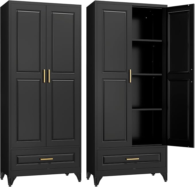 75" Kitchen Pantry Cabinet with Drawer, Metal Storage Cabinets with Doors and 4 Adjustable Shelves,Black Kitchen Cabinet with 2 Gold Handles,Food Cupboard for Livingroom,Pantry-Ruum Studio Home
