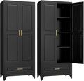 75" Kitchen Pantry Cabinet with Drawer, Metal Storage Cabinets with Doors and 4 Adjustable Shelves,Black Kitchen Cabinet with 2 Gold Handles,Food Cupboard for Livingroom,Pantry-Ruum Studio Home