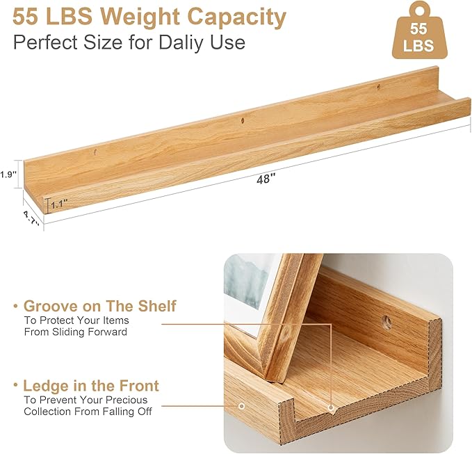 Floating Picture Ledge Shelves 48 Inch Solid Oak Wood Set of 2, Rustic Wall Storage Shelves with Lip, Kids Bookshelf, Photo & Picture Ledge Shelves for Bedroom, Living Room, Kitchen-Ruum Studio Home