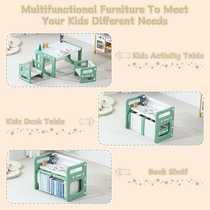 3 in 1 Montessori Weaning Table and 2 Chairs Set, Kids Activity Table Set, 2 Height Levels, Toddlers Activity Table for Drawing, Dining, Reading and Playing, Green-Ruum Studio Home