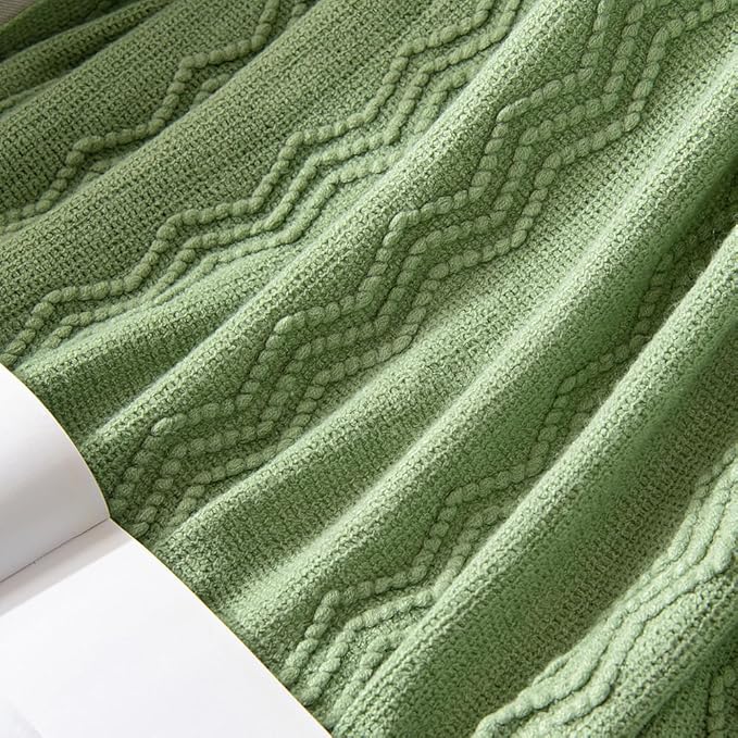 MIULEE Sage Green Knitted Throw Blanket for Couch Textured Spring Knit Blanket with Tassels Cozy Woven Boho Bed Blanket for Sofa Bed Chair Acrylic Wave Pattern 50"x60"-Ruum Studio Home