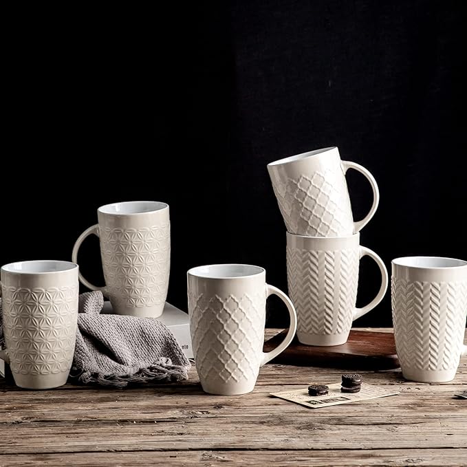 AmorArc Extra Large Coffee Mugs Set of 6, 20oz Ceramic Tall Coffee Mugs Set with Textured Geometric Patterns for Coffee/Tea/Beer/Hot Cocoa, Dishwasher & Microwave Safe,Beige-Ruum Studio Home