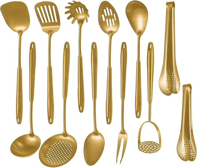 304 Stainlss Steel Matte Kitchen Utensils Set, 12 Pcs Long Metal Cooking Utensil Gadgets Tools Set with Spatula, Ladle, Spoon, Ladle, Skimmer, Tunner, Pasta Server, Tongs(Gold, Dishwasher Safe)-Ruum Studio Home