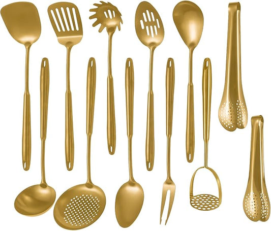 304 Stainlss Steel Matte Kitchen Utensils Set, 12 Pcs Long Metal Cooking Utensil Gadgets Tools Set with Spatula, Ladle, Spoon, Ladle, Skimmer, Tunner, Pasta Server, Tongs(Gold, Dishwasher Safe)-Ruum Studio Home
