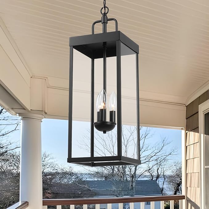 Large Outdoor Pendant Lantern Light Fixture for Front Porch, 24 Inch 3-Light Black Exterior Hanging Chandelier with Clear Glass, Outdoor Indoor Pendant Lamp for Patio, Gazebo, Entryway, Doorway-Ruum Studio Home
