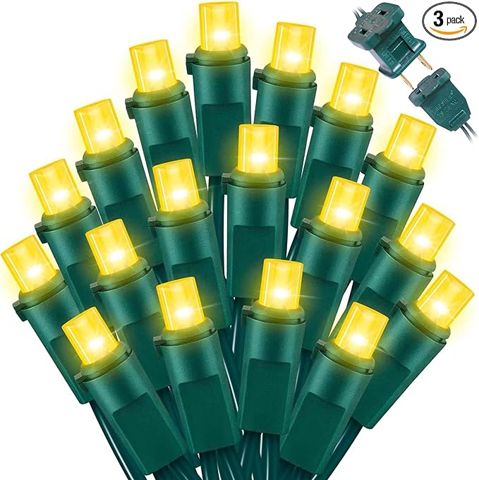 Yellow Wide Angle LED String Lights, 64.8 Ft 300 Count, Pack of 3 Strands 21.9 Ft 100 Lights UL Certified Commercial Grade Green Wire 5mm Holiday String Light-Ruum Studio Home