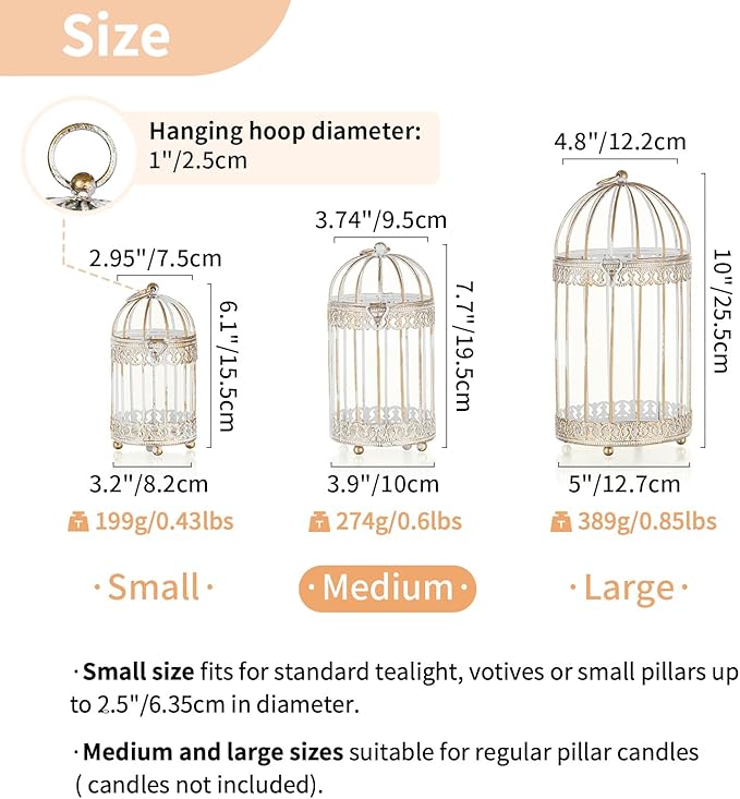 NUPTIO Candle Holders for Pillar Candles: 2 Set of 7.7 inch H Antique White Bird Cages Lantern Wedding Centerpiece Small Metal Hanging Pillars Holder for Bridal Shower Party Table Decorations-Ruum Studio Home