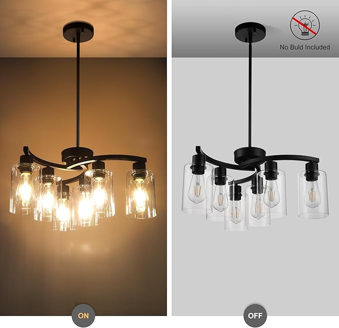 6-Light Modern Farmhouse Black Chandelier, Contemporary Dining Room Light Fixture, Adjustable Height Hanging Industrial Pendant Lights Kitchen Island, Clear Glass Shade-Ruum Studio Home