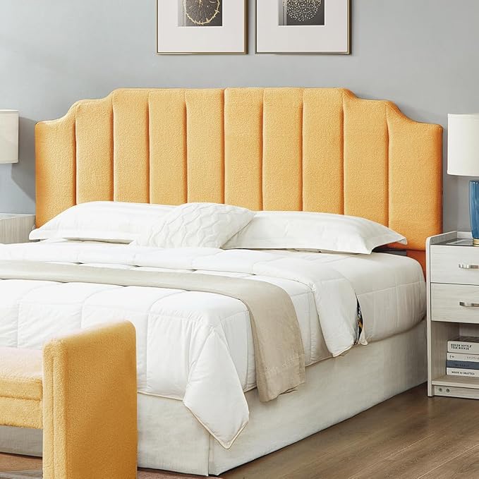 24KF Yellow Teddy Fabric Tufted King Upholstered Headboard, Modern Vertical Channel Design California King Headboard with Stepped Silhouette Top Edge,6026-K-Teddy Yellow-Ruum Studio Home