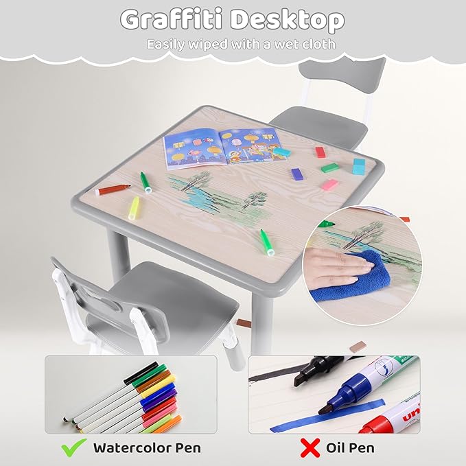 Kids Table and 2 Chairs Set, Height Adjustable (17.7"-26.1") Toddler Table and Chair Set, Multi-Activity Table with Graffiti Desktop, Children’s Table and Chairs for Classroom, Home & Daycare-Ruum Studio Home