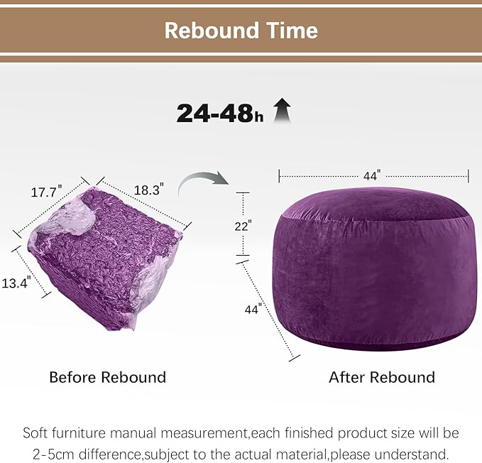 Bean Bag Chairs for Adults - Memory Foam Furniture BeanBag Chair - Kids/Teens Sofa with Soft Micro Fiber Cover - Round Fluffy Couch for Living Room Bedroom College Dorm - 4 ft, Purple-Ruum Studio Home