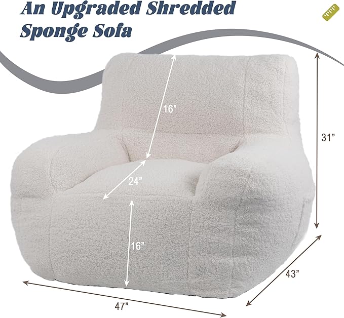 Giant Bean Bag Chair, Lambswool Bean Bag Chair for Adults, Eco-Friendly Filling Soft Bean Bag, White Been Bag for Bedroom, Living Room-Ruum Studio Home